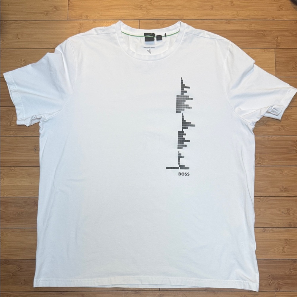 Boss White Short Sleeve Tee with Vertical Black Graphic